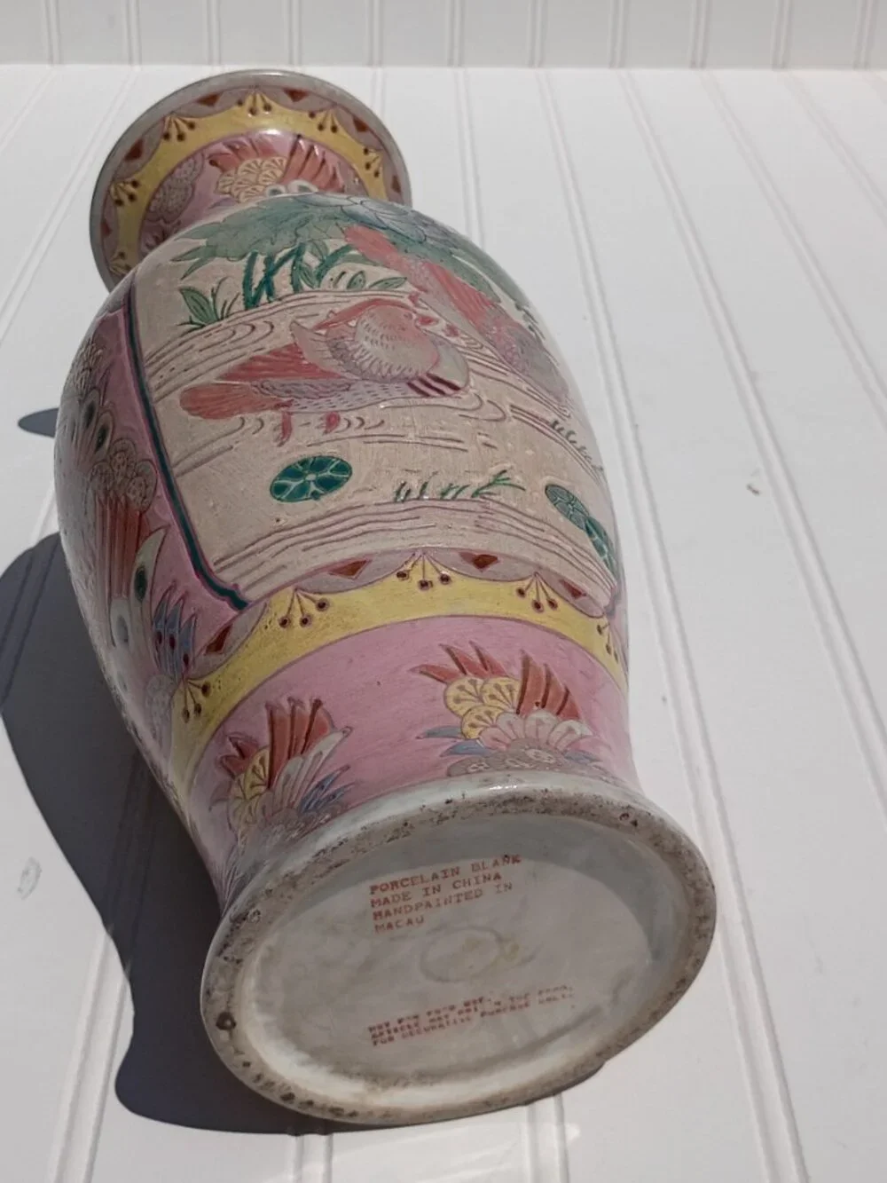 Vintage Pink Porcelain Vase Famille Rose Mandarin Ducks Lotus Flowers Chinese